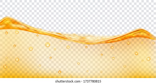Ola de agua translúcida en colores amarillos con burbujas de aire, aislada en un fondo transparente. Transparencia sólo en archivo vectorial