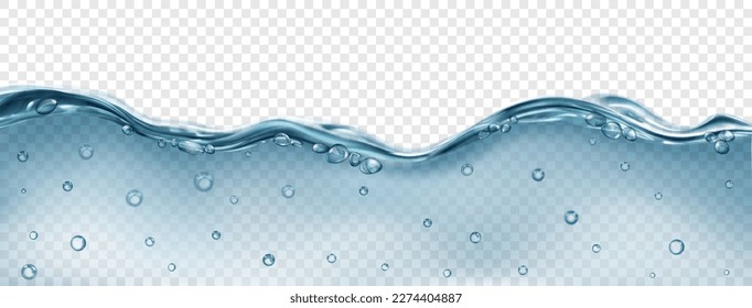 Ola translúcida de agua de mar en color gris con burbujas de aire en la superficie y en profundidad, aisladas en un fondo transparente. Transparencia sólo en archivo vectorial