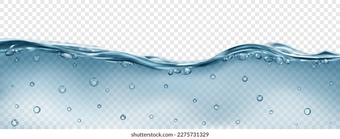 Translucent wave of sea water in gray color with air bubbles on the surface and in the depth, isolated on transparent background. Transparency only in vector file