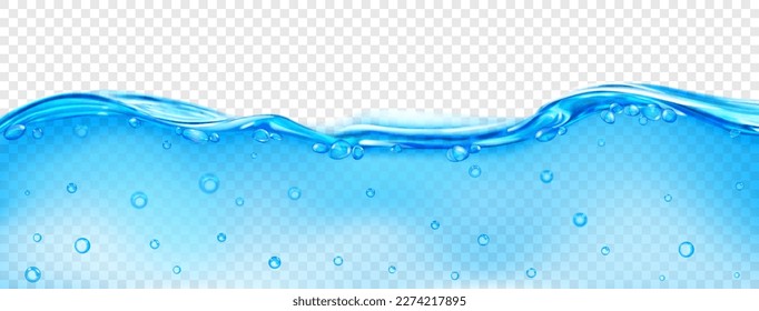 Translucent wave of sea water in light blue color with air bubbles on the surface and in the depth, isolated on transparent background. Transparency only in vector file