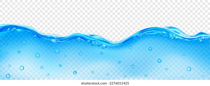 Translucent wave of sea water in light blue color with air bubbles on the surface and in the depth, isolated on transparent background. Transparency only in vector file