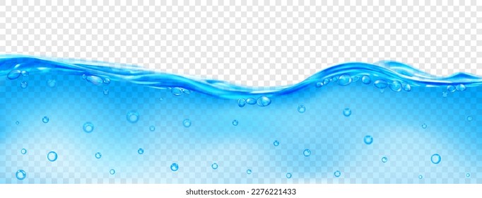 Translucent wave of sea water in light blue color with air bubbles on the surface and in the depth, isolated on transparent background. Transparency only in vector file