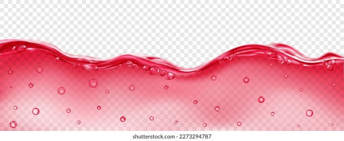 Translucent wave of sea water in red color with air bubbles on the surface and in the depth, isolated on transparent background. Transparency only in vector file