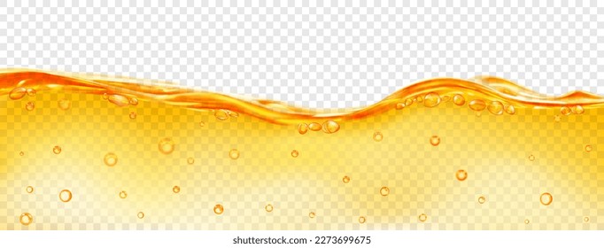 Ola translúcida de agua de mar de color amarillo, con burbujas de aire en la superficie y en la profundidad, aisladas sobre un fondo transparente. Transparencia sólo en archivo vectorial