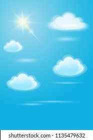 Translucent white clouds and bright sun on a blue sky background. Sunlight special lens flare light effect in clear blue sky. Vector illustration svg