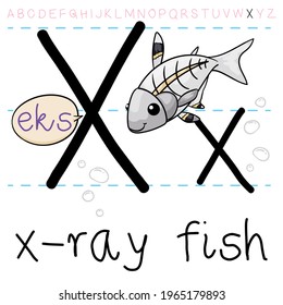 Translucent x-ray fish, swimming between the letters X, teaching how to pronounce this letter and its position in the alphabet too.