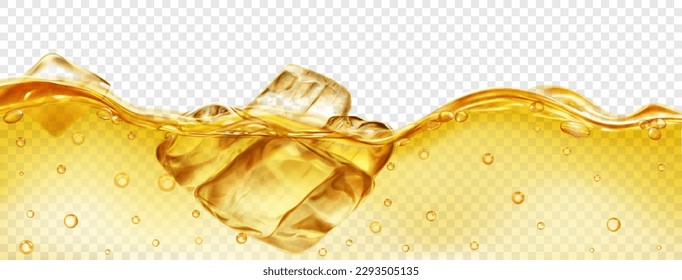 Translucent yellow ice cubes floating in water with air bubbles, isolated on transparent background. Transparency only in vector format