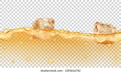 Translucent yellow ice cubes and many air bubbles floating in water on transparent background. Transparency only in vector format
