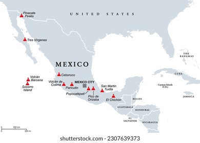 Trans-Mexican Volcanic Belt, map with the major active volcanoes of Mexico. Also known as Transvolcanic Belt and locally as Sierra Nevada. Active volcanic belt, that covers central-southern Mexico.