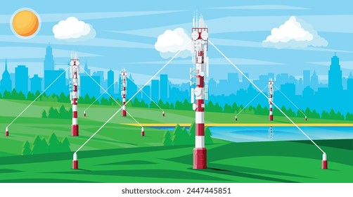 Transmission Cellular Tower Antenna Landscape. Network Broadcast Equipment Isolated. Broadcasting, Internet, Television Cell Station. 4G 5G. Satellite Communication Antenna. Flat Vector Illustration