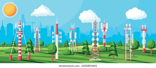 Paisaje de antena de torre celular de transmisión. Equipo de difusión en red aislado. Radiodifusión, Internet, Televisión Celular. 4G 5G. Antena de comunicación por satélite. Ilustración vectorial plana