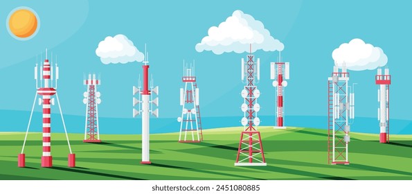 Paisaje de antena de torre celular de transmisión. Equipo de difusión en red aislado. Radiodifusión, Internet, Televisión Celular. 4G 5G. Antena de comunicación por satélite. Ilustración vectorial plana