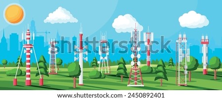 Transmission Cellular Tower Antenna Landscape. Network Broadcast Equipment Isolated. Broadcasting, Internet, Television Cell Station. 4G 5G. Satellite Communication Antenna. Flat Vector Illustration