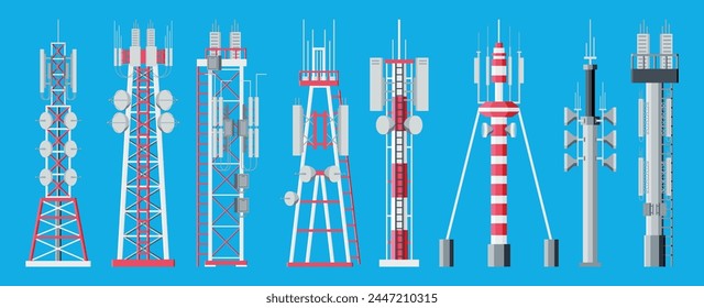 Transmission Cellular Tower Antenna. Network Broadcast Equipment Isolated. Broadcasting, Internet, Television Cell Station. 4G 5G. Satellite Communication Antenna. Flat Vector Illustration