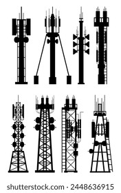 Silueta de antena de torre celular de transmisión. Equipo de difusión en red aislado. Radiodifusión, Internet, Televisión Celular. 4G 5G. Antena de comunicación por satélite. Ilustración vectorial