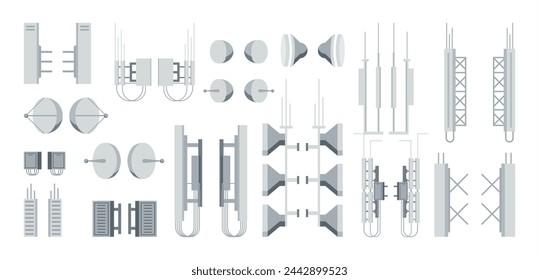 Conjunto de elementos de torre móvil de transmisión. Colección de equipos de difusión en red. Radiodifusión, Internet, Televisión Celular. 4G 5G. Antena de comunicación por satélite. Ilustración vectorial plana