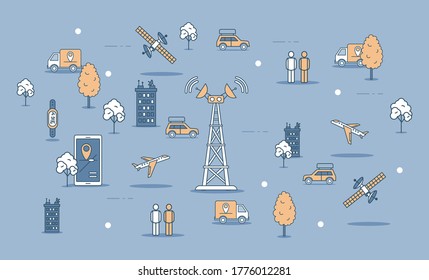 Transmission cellular tower or mobile communications tower, devices, transport vehicles, and people using it. Smartwatch, smartphone, satellite, car, truck, plane vector cartoon outline illustration.