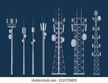 Transmission Cellular Tower. Mobile And Radio Communications Antennas For Wireless Connections. Outline Vector Illustrations Set