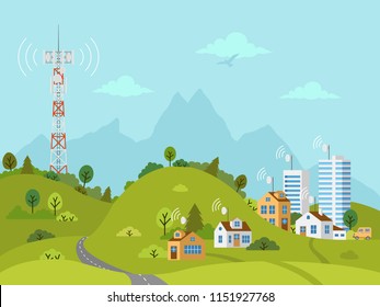 Transmission cellular tower on landscape. Wireless radio signal connection with houses and buildings through obstacles. Mobile communications tower with satellite communication antennas.