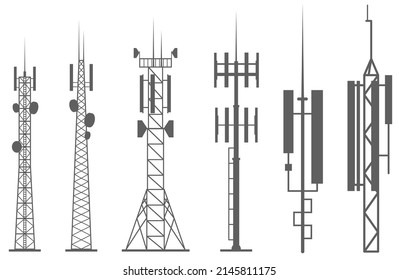 Transmission cellular towers silhouette. Mobile and radio communications towers with antennas for wireless connections. Outline vector illustrations set.