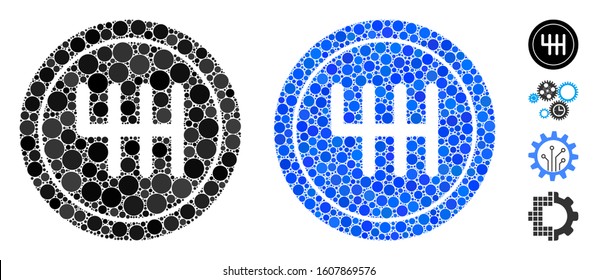 Transmission composition of filled circles in variable sizes and color hues, based on transmission icon. Vector filled circles are grouped into blue illustration.