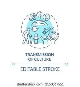 Transmission of culture turquoise concept icon. Social institutions function abstract idea thin line illustration. Isolated outline drawing. Editable stroke. Arial, Myriad Pro-Bold fonts used