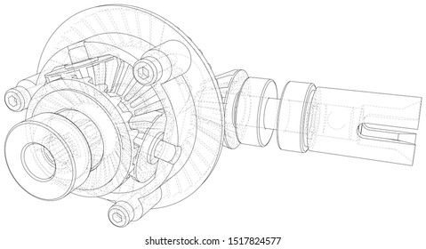 Transmission gearbox inside on white background. Vector rendering of 3d. Wire-frame style.