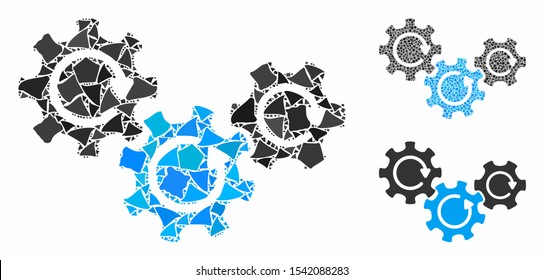 Transmission gears rotation composition of tuberous elements in various sizes and color hues, based on transmission gears rotation icon. Vector trembly elements are organized into collage.