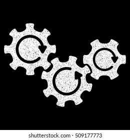 Transmission Gears Rotation grainy textured icon for overlay watermark stamps. Flat symbol with dirty texture. Dotted vector white ink rubber seal stamp with grunge design on a black background.