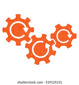 Transmission Gears Rotation grainy textured icon for overlay watermark stamps. Flat symbol with unclean texture. Dotted vector orange ink rubber seal stamp with grunge design on a white background.