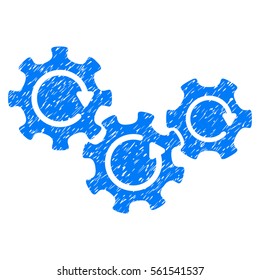 Transmission Gears Rotation grainy textured icon for overlay watermark stamps. Flat symbol with dust texture. Dotted vector blue ink rubber seal stamp with grunge design on a white background.
