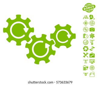 Transmission Gears Rotation icon with bonus quad copter service pictures. Vector illustration style is flat iconic symbols on white background.