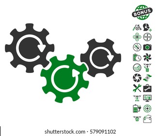 Transmission Gears Rotation icon with bonus quadrocopter service images. Vector illustration style is flat iconic green and gray symbols on white background.