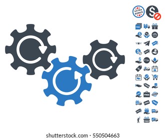 Transmission Gears Rotation icon with free bonus pictures. Vector illustration style is flat iconic symbols, smooth blue colors, white background.