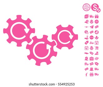 Transmission Gears Rotation pictograph with free bonus pictures. Vector illustration style is flat iconic symbols, pink color, white background.