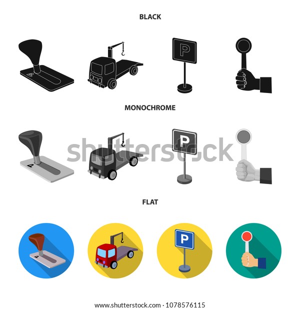 Transmission handle, tow truck,\
parking sign, stop signal. Parking zone set collection icons in\
black, flat, monochrome style vector symbol stock illustration\
web.