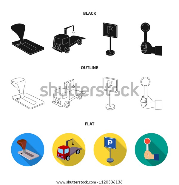Transmission handle, tow truck, parking\
sign, stop signal. Parking zone set collection icons in\
black,flat,outline style vector symbol stock illustration\
web.