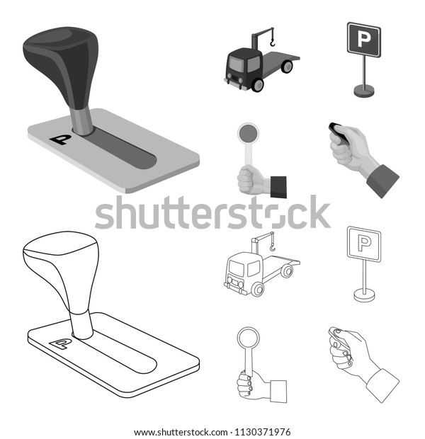 Transmission handle, tow truck, parking\
sign, stop signal. Parking zone set collection icons in\
outline,monochrome style vector symbol stock illustration\
web.