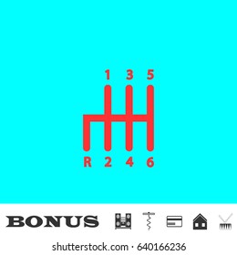 Transmission icon flat. Red pictogram on blue background. Vector illustration symbol and bonus buttons Music center, corkscrew, credit card, house, drum