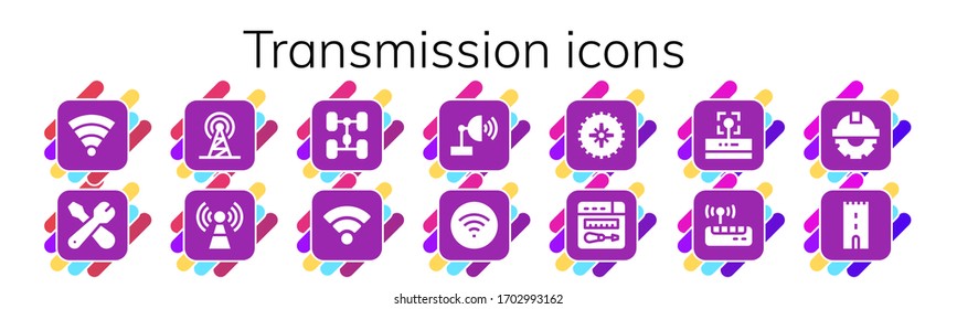 transmission icon set. 14 filled transmission icons. Included Wifi, Repair, Signal, Chassis, Satellite dish, Gear, Cogwheel, Tower icons