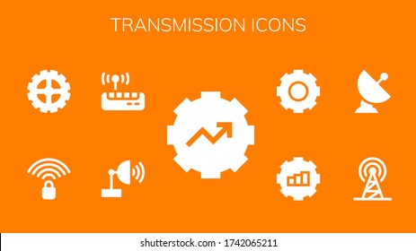 transmission icon set. 9 filled transmission icons. Included Gear, Satellite dish, Wifi, Wifi signal, Signal, Satellite icons
