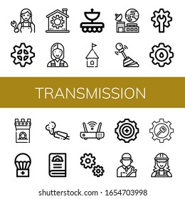 transmission icon set. Collection of Mechanic, Gear, Electrician, Antenna, Tower, Satellite, Cogwheel, Airdrop, Muffler, Wifi icons