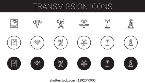 transmission icons set. Collection of transmission with signal, wifi, signal tower, satellite, antenna. Editable and scalable transmission icons.