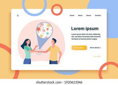 Transmission of infection. Couple shaking hands, communicating disease to each other. Flat vector illustration. Social contact and epidemic concept for banner, website design or landing web page
