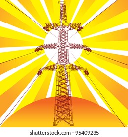 Transmission line with sun rays on background, vector illustration