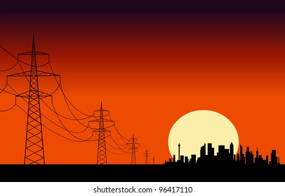 Transmission lines leading to the city silhouettes at dawn. Easy editable layered vector illustration