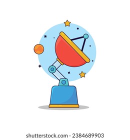 Transmission observatory space cute design illustration with star ornament orbit, happy vibes, children friendly, cartoon style design, isolated white background.