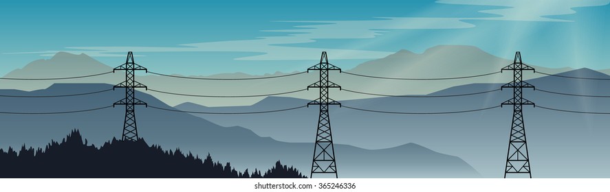 Transmission power lines on a beautiful landscape background