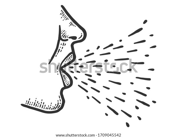 咳やくしゃみの間に 伝達 呼吸液滴が発生する スクラッチボードの模倣をスケッチします 白黒 彫刻のベクターイラスト のベクター画像素材 ロイヤリティフリー