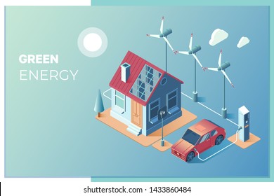 Transmission of solar and wind energy for use at home.Solar panels and wind turbines feed the smart home and electric car. Isometric vector illustration